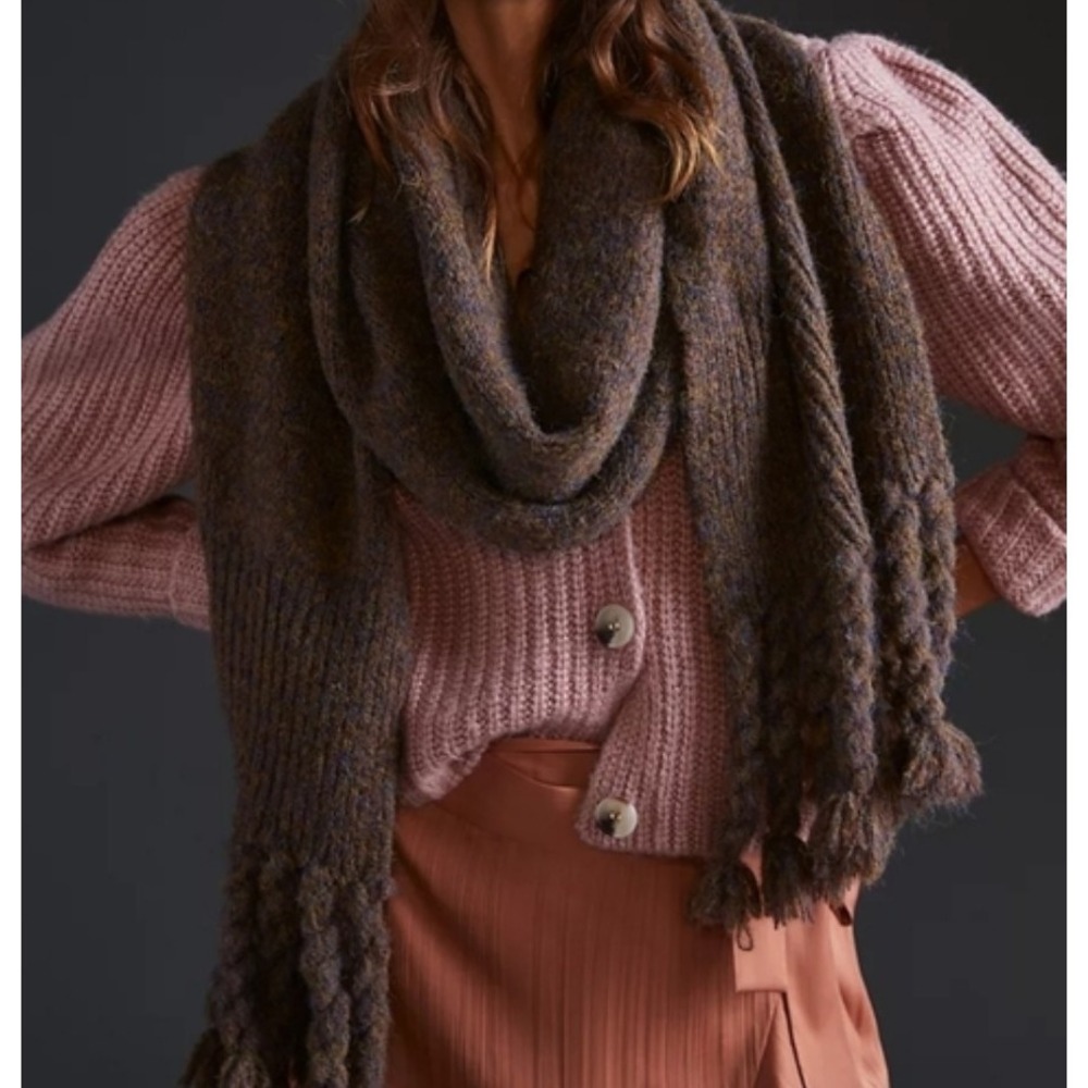 Anthropologie Braided Fringe Scarf ~102"x10" Brown‎ Multi Cozy Hygge
